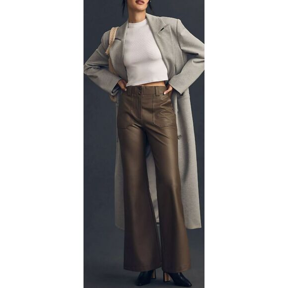 Anthropologie Pants - Anthropologie Maeve The Naomi Vegan Leather Wide Leg Flare Pants Taupe Gray Size